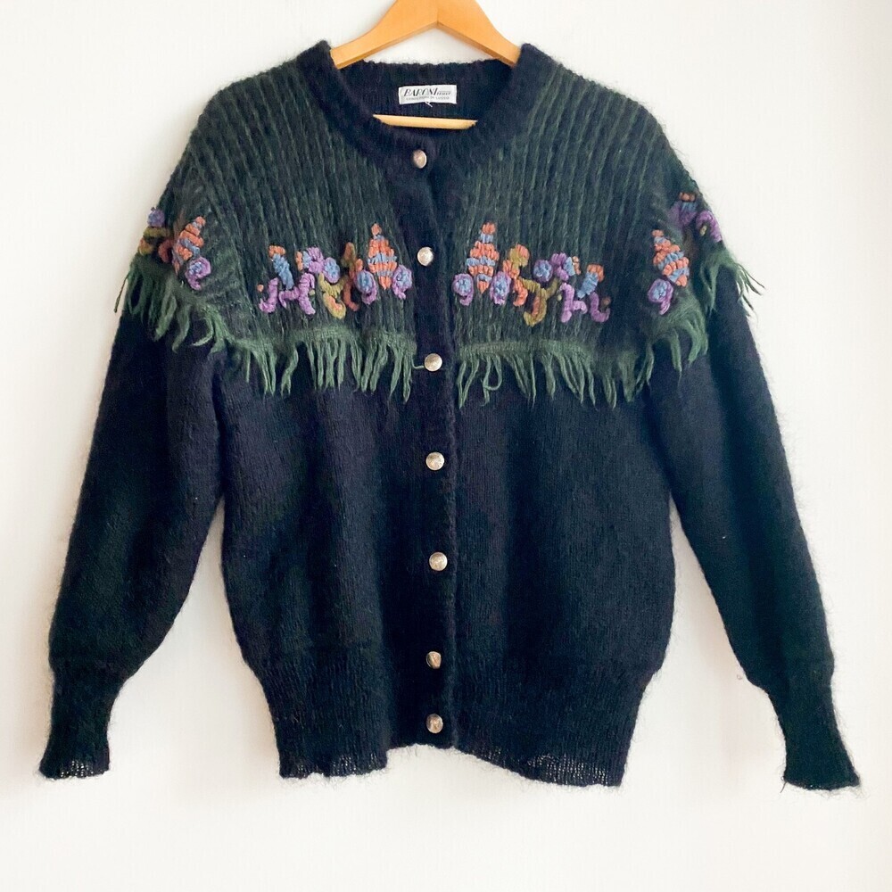 Vintage Baroni Tricot Black Mohair Floral Embroidery Cardigan Sweater L